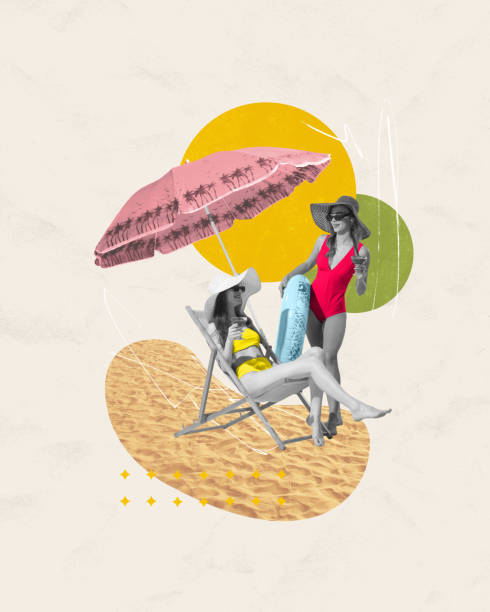 istock Contemporary art collage. Abstract artwork. Two girlfriends relaxing, sunbathing at resort, on beach on hot sunny summer day. 2149658540