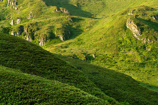 Close-up of beautiful mountains. Beautiful green cascade range hills and rocks