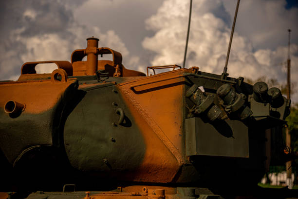 A self-propelled howitzer with a long cannon mounted on a tracked armored chassis stands in an open field. The military vehicle is designed for mobile artillery support and is shown under a clear blue sky with distant hills in the background.