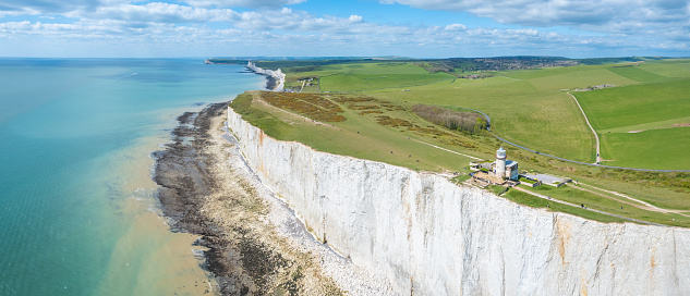 Seven sisters, Belle Tout Lighthouse, famous tourism location and world heritage in south England, Spring outdoor, aerial view landscape