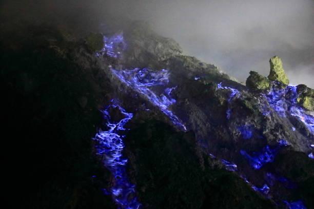 the blue fire along the sulfur path in Ijen Volcano, Java, Indonesia