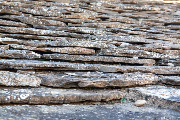 Lacoste, France - June 23, 2024: Tile rooftop of stone homes in the tiny village in Provence