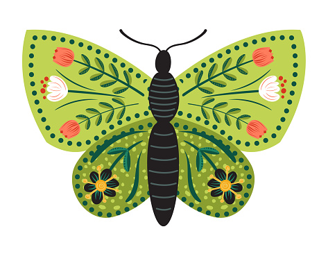 Cute Folk Art Butterfly on Transparent Background