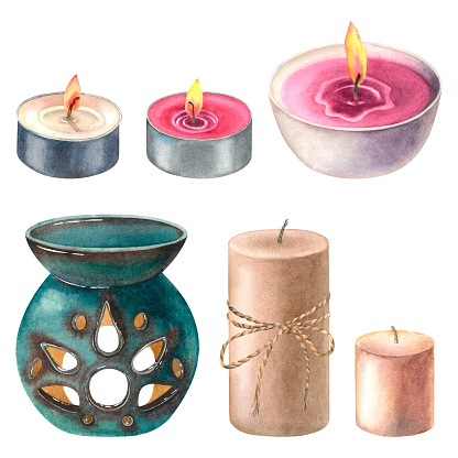 A set of various candles and ceramic aroma lamp for aromatherapy. Hand drawn watercolor illustration on isolated background. Design element for spa, aromatherapy, relaxation, meditation, massage.