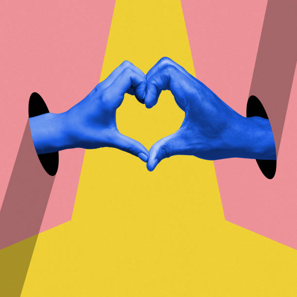istock Poster. Contemporary art collage. Two hands, in blue monochrome filter creating heart shape with their fingers. 2149662771