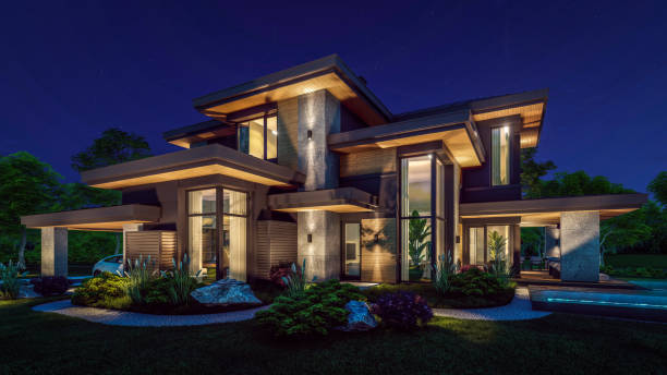 istock 3d rendering of modern house in luxurious style in night 2149665614