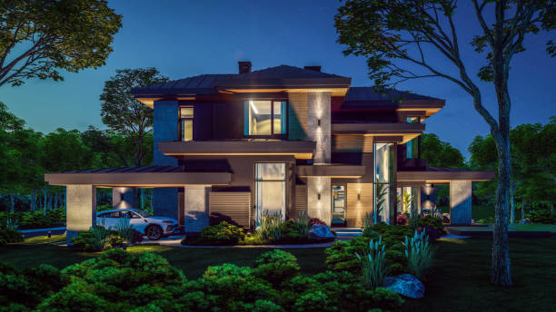 istock 3d rendering of modern house in luxurious style in night 2149665621
