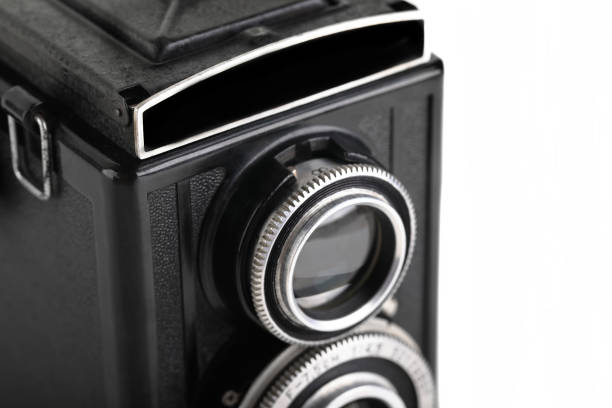 Vintage medium format film TLR camera, on white background. Film TLR camera.