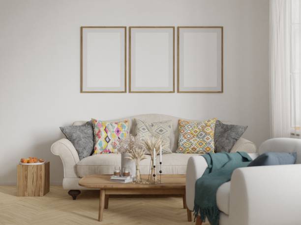istock Mockup frame, poster in home living room ethnic design, front view element mockup interior, 3d rendering 2149666404