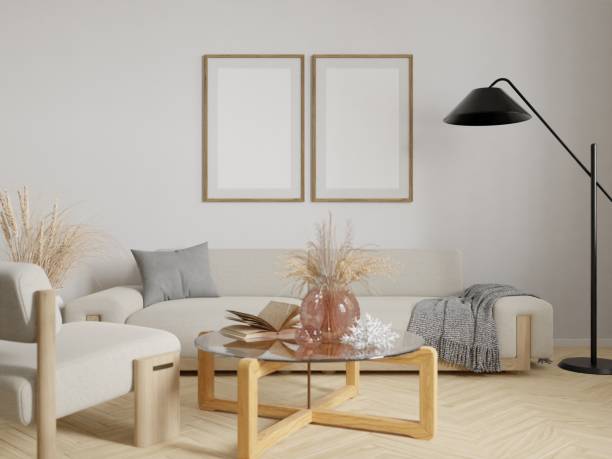 istock Frame mockup, interior frame, poster wood frame element and living room scandinavian style cozy in empty picture interior sofa and table wooden in illustration 3d rendering. 2149666617