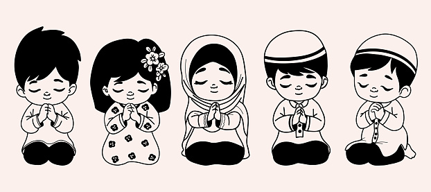 Collection of multiethnic religious children praying. Muslim, Islam, Christian, Catholic girls and boys in traditional clothes on their knees with hands folded in prayer. Vector Isolated hand drawing