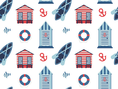 Seamless pattern with different colored beach houses, boat, paddle. Vector illustration of elements for sea holiday, for print, textile, wrapping paper
