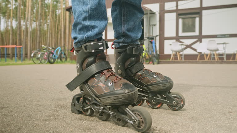 Roller skates during inline skating outdoors. Active lifestyle. Rollerblading