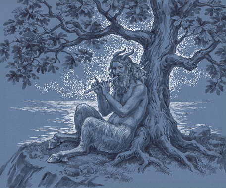 Hand drawn  illustration, the ancient Greek mythological  Faun playing the flute on the seashore.