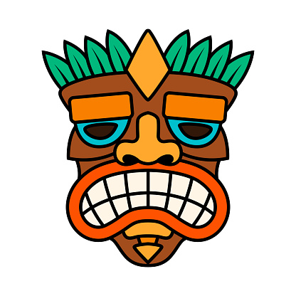 Tiki tribal wooden mask. Hawaiian traditional elements. Colored, wooden and black and white silhouette. Vector illustration