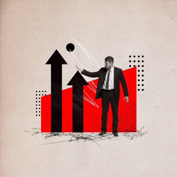 Contemporary art collage. Business man pulls black arrow, chart up by tip against light background with abstract object. Concept of business development, startup, finance, career. Ad