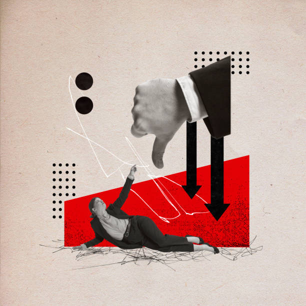 istock Contemporary art collage. Young business lady lying against light background with abstract object and hand showing thumb down gesture. 2149671748