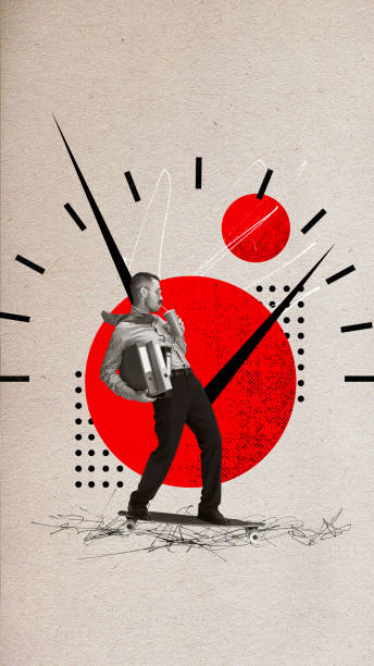 istock Contemporary art collage. Young man holds folders against light background with abstract object, clock. Burning deadlines. 2149671770