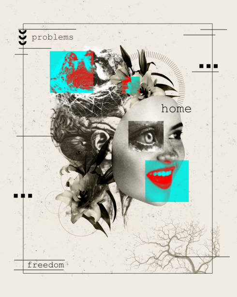 istock Art collage with female face, abstract elements, flowers, and words problems, home and freedom. Conceptual art. Challenges faced at home and society 2149671994