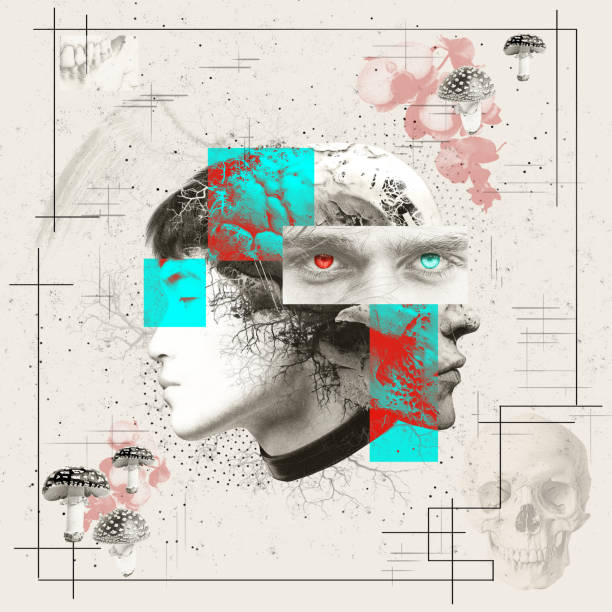 istock Artistic collage with human profile, vibrant abstract elements, skull, and face parts. Conceptual art. Mystical element, perception, reality, and surrealism. 2149672001