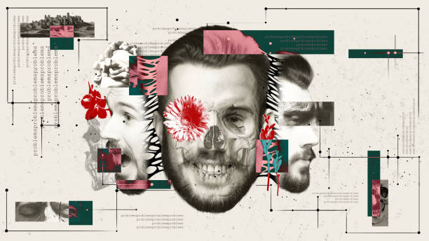 istock Collage with multiple male profiles, skull, flowers, and abstract elements on abstract background. Conceptual art. Healing journey from trauma to rebirth. 2149672008
