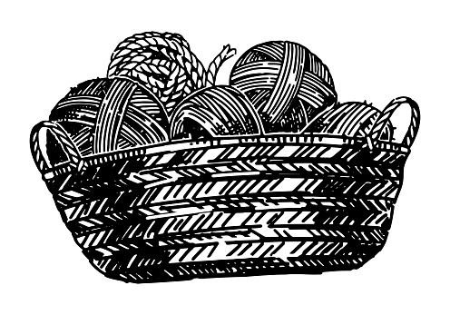 Sketch of wicker basket with balls of yarn. Tools for knitwork, handicraft. Hobby, leisure activity doodle. Outline vector illustration.