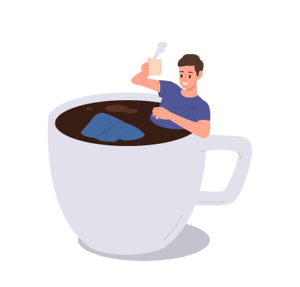 Young happy man cartoon character floating in big cup drinking freshly brewed coffee isolated on white background. Relaxed male person enjoying free time during breakfast vector illustration