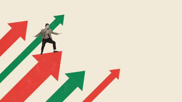 istock Businessman balancing on red and green arrows going upwards. Conceptual creative design. Strategic navigation and success achievement 2149675706