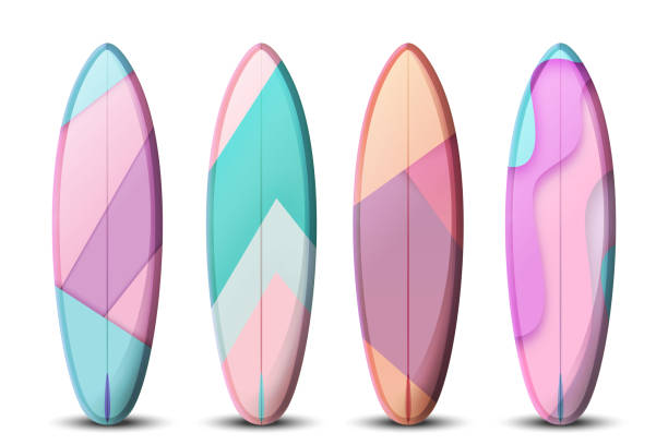 istock Enjoy summer paradise in modern retro style. Surfboards in pastel colors on an isolated white background. Stylish vector icon set. 2149676053