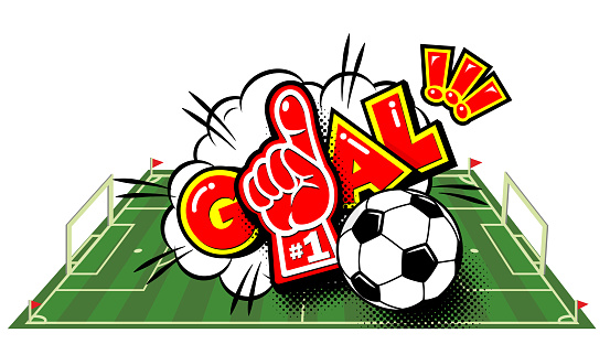 Goal football soccer comic icon. Ball and explosion text speech bubble on football field. Vector sticker template on transparent background