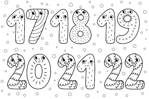 Cute numbers black and white characters 17-22 for kids. Collection in outline of happy numbers in cartoon style. Educational clipart set. Seventeen, eighteen, nineteen and others. Vector illustration
