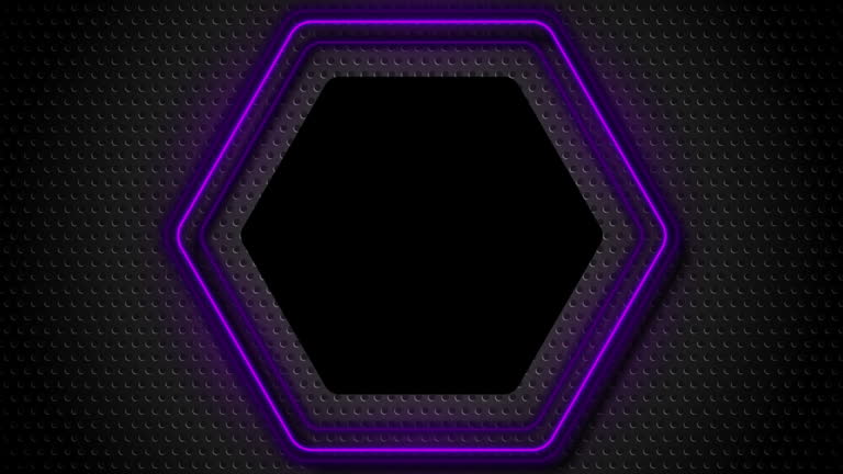 Black perforated background with violet glowing neon hexagonal frame