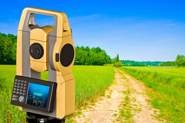 istock Natural landscape with footpath and 3D rendering of a geodesic device, called Total Station used for the survey of topographic maps and topographical survey 2149678492