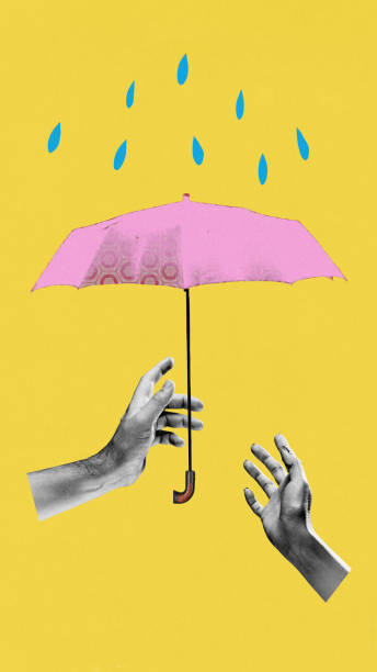 istock Contemporary art. collage. Two hands reaching towards each other under floating pink umbrella with raindrops above on yellow background. 2149678549