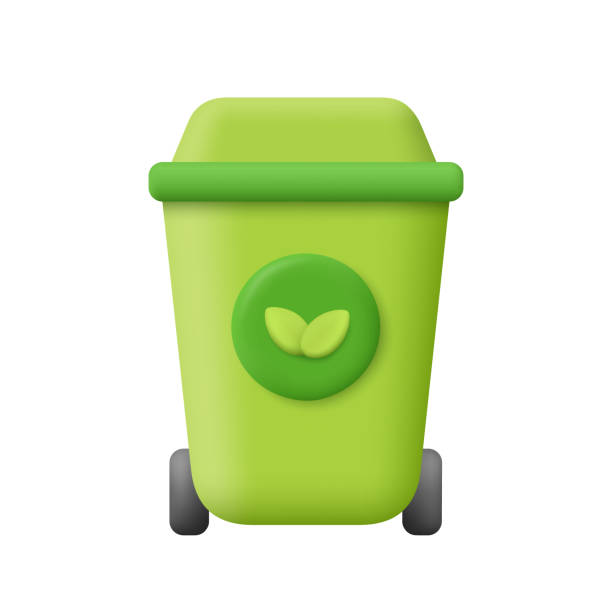 istock Trash can, waste bin with plant leaf or recycling symbol. Bin with lid and wheels. 3d vector icon. Cartoon minimal style. 2149679832