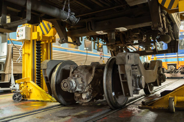 istock Close-Up of Train Wheels and Undercarriage in Workshop 2149680682