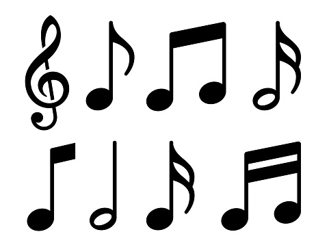 Music notes icons set. Musical notation symbols. Black notes symbol on white background - stock vector.