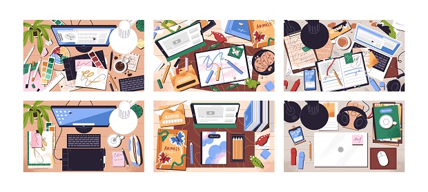Dirty and clean workplaces top view set. Tidy computer tables and messy office desks with creative disorder, clutter: cups, notes, stationeries. Workspace organization. Flat vector illustrations.