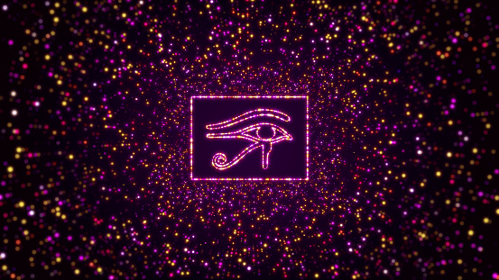 Digital Space Dark Shiny Purple Yellow Glowing Wedjat Ancient Egypt Symbol Inside Rectangular Border Frame With Glitter Sparkle Dots And Lines