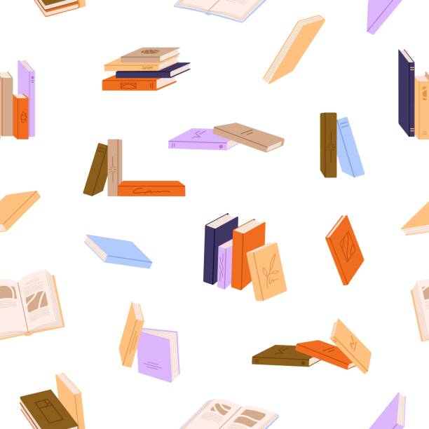 istock Background with stacks of different literature to read. Repeatable pattern of heaps of paper books with decorated cover. Endless backdrop with closed, open textbooks. Flat seamless vector illustration 2149681892
