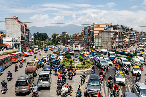 kathmandu, nepal. 25th august, 2023: traffic jam at kathmandu old town, nepal