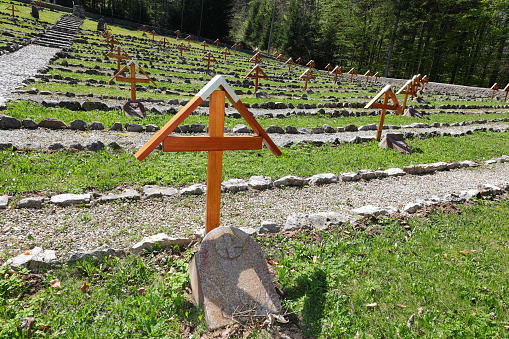 Tonezza, VI, Italy - April 14, 2024: Wooden Cross in the war cemetery of Austro-hungarian soldiers died in the WWI