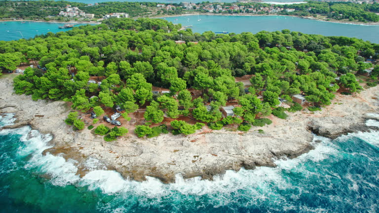 Aerial view of the beautiful peninsula with a camping site in Croatia