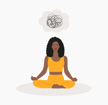 An African-American Woman With Tangled Thoughts Meditating To Reduce Anxiety. Mental Health And Stress Management Concept