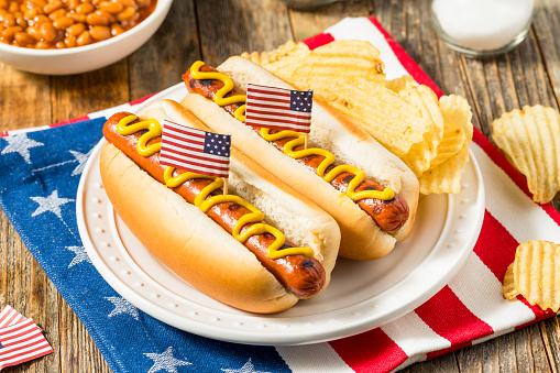 Patriotic American Memorial Day Hot Dogs with Potato Chips