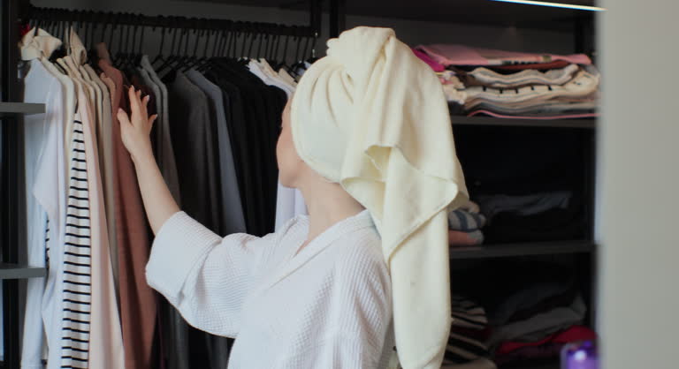 Young attractive woman wearing a bathrobe and a towel choosing her outfit clothes in closet in bedroom at home.