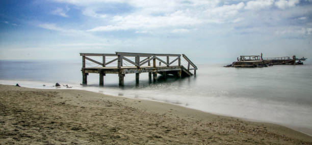 Broken pier over the calm blue sea