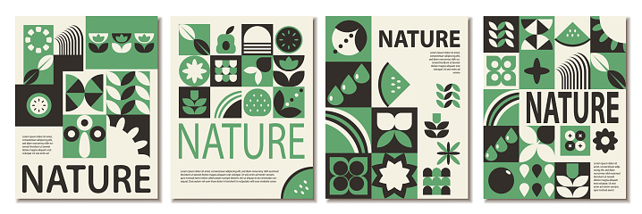 Abstract Monochrome Pattern Nature Geometric Poster: A Set of Four Eye-Catching Designs for World Earth Day shapes and green color. Design for social media, cover, brochure