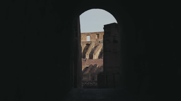 Cinematic view of interior detail of Colosseum arena in Rome, Italy
