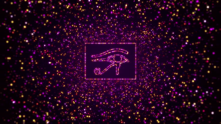 Digital Space Opener Dark Shiny Purple Yellow Glowing Wedjat Ancient Egypt Symbol Inside Rectangular Border Frame With Glitter Sparkle Dots And Lines